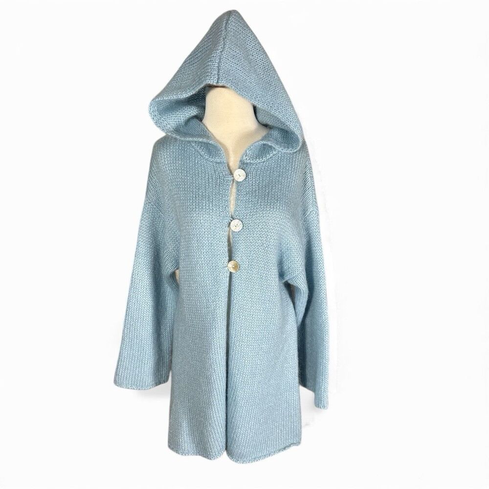 Soft Surrounding Migair Wool Blend Hooded Glacier Blue Cape Sweater Shell Button